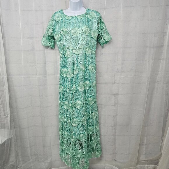 Handmade Seafoam Green Lace Crochet Floral Satin Formal Maxi formal Dress M/L - Picture 1 of 12